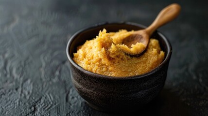 dark ceramic bowl filled with golden miso paste, with a wooden spoon resting on the side, against a...