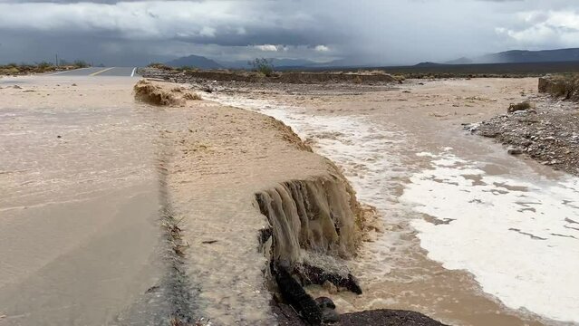 Flash flood over a road in Death Valley