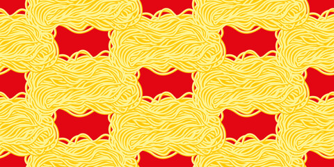 Yellow ramen noodles, spaghetti on a red background. Seamless pattern with pasta. Wavy texture with noodles. Vector illustration.