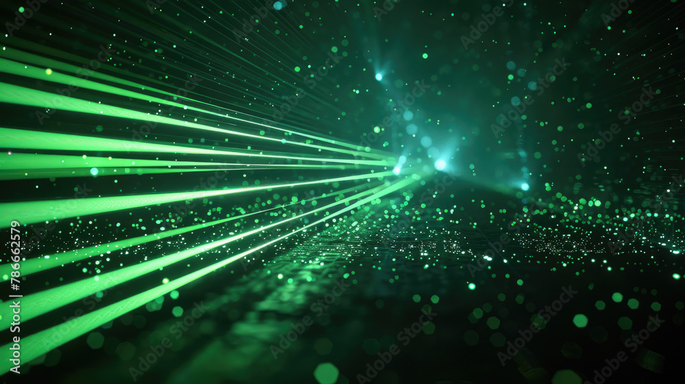 Wall mural Green laser rays in abstract dark space on background, light lines of digital data. Concept of cyber tech, network, future, pattern, technology. - Wall murals