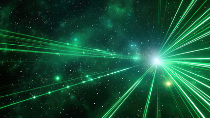 Green laser rays in dark space on stars background, lines of abstract light of digital data. Concept of cyber tech, future, pattern, universe, technology.