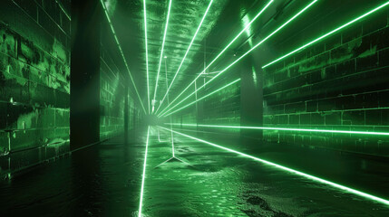 Futuristic tunnel background, perspective of dark empty concrete garage with green laser light, interior of modern underground hall. Concept of hallway, room, building - 786662578