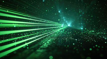 Green laser rays in abstract dark space on background, light lines of digital data. Concept of cyber tech, network, future, pattern, technology. - 786662579