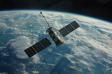 Fototapeta premium Experience the tranquility of a satellite gracefully orbiting Earth, offering a breathtaking view of continents and oceans below. This serene scene symbolizes the cutting-edge technology and seamless 