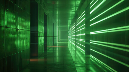 Futuristic corridor background, dark concrete garage with green led light, interior of modern empty underground hall. Concept of studio, hallway, tunnel, room, building - 786662714