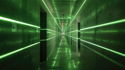 Futuristic corridor background, perspective of dark concrete garage with green led light, interior of modern underground hall. Concept of hallway, tunnel, room, technology - 786662721