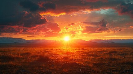 Stunning sunrise over open landscape with bright orange skies and mountain backdrop