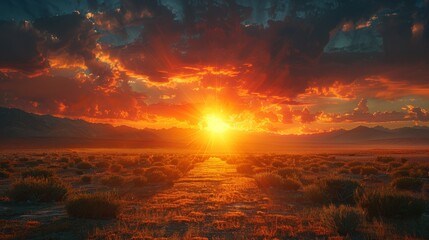 Stunning sunrise over open landscape with bright orange skies and mountain backdrop - obrazy, fototapety, plakaty