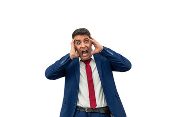 Terrified Businessman Screaming with Hands on Head white background