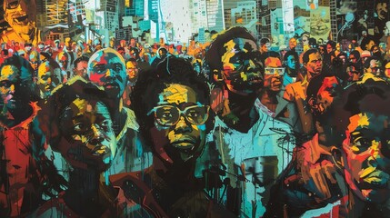 racial justice march, vivid faces in a massive crowd, cityscape, emotional intensity - obrazy, fototapety, plakaty