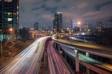 Fototapeta na wymiar Urban Overpass in Evening, Cars' Light Streaks
