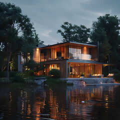 Fototapeta na wymiar Rendering of modern house by the river at evening
