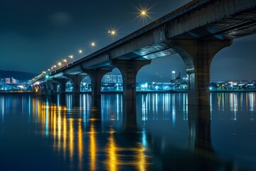 Twilight Cityscape with Lit Bridge Reflection on Water