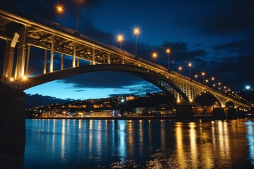 Fototapeta na wymiar Dusky Skyline with Bright Bridge Lights and River Reflection