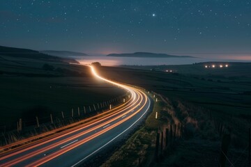 Quiet Country Highway Under a Star-Filled Night Sky