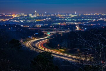 Fototapeta na wymiar Nighttime Highway Curves, City Lights Panorama