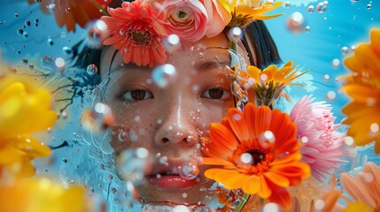 Fototapeta na wymiar Portrait of a young beautiful Asian girl underwater in flowers. The concept of tenderness and innocence