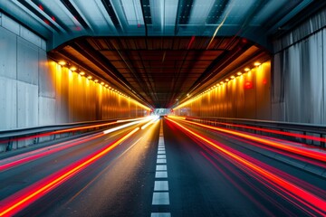Illuminated Tunnel with Car Light Streaks in the Evening
