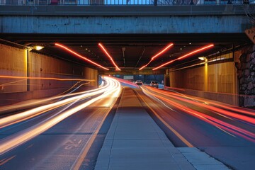 Fototapeta na wymiar Urban Tunnel by Night with Streaking Vehicle Lights