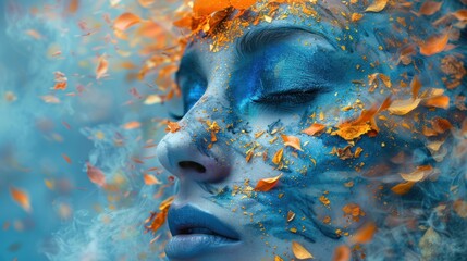 Elegant Fusion: Womans Face Painted With Blue and Orange Hues