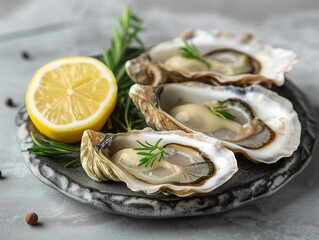 Opened Oysters on dark plate on the table. Close-up.