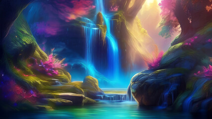 A Vibrant, Whimsical Fantasy Painting Depicting Vibrant Jewel-Toned Colorful Enchanted Fantasy Forest with a Waterfall, River, and Lavish Flowers