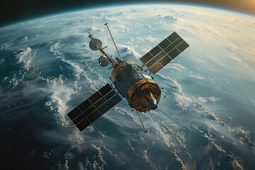 Experience the tranquility of a satellite gracefully orbiting Earth, offering a breathtaking view of continents and oceans below. This serene scene symbolizes the cutting-edge technology and seamless 