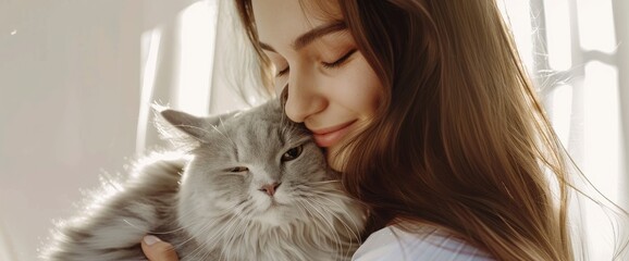 A beautiful woman with long hair holding and petting her cat, wearing white , smiling, closeup of the face, with an American Shorthair gray color cat in front