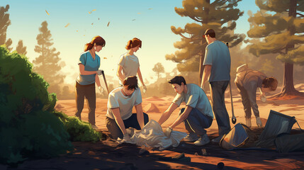 A group of coworkers decides to participate in a community cleanup day, making a positive impact on the local environment. --ar 16:9 Job ID: f0ef4ffb-6f4f-462e-900a-ece795a6d0c2 - obrazy, fototapety, plakaty