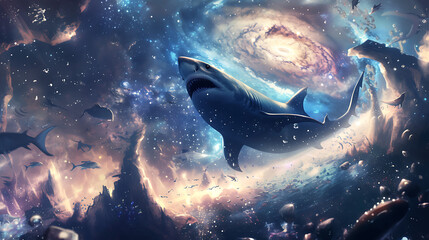 A shark soars at the edge of the universe painting - obrazy, fototapety, plakaty