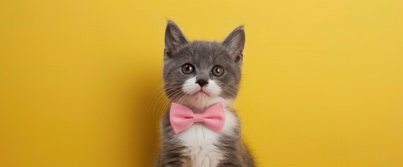 Fototapeta premium A British shorthair kitten with white and grey fur, wearing a pink bow tie on a yellow background, sitting in front of the camera. High quality photography