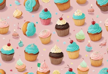 Pastel Birthday Cupcake Pattern in bright colours 