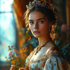 Photorealistic digital artwork of fairytale regal princess adorned with ornate jeweled crown, auburn tresses in dreamy atmospheric setting with Sun Streaks over her Face. - obrazy, fototapety, plakaty