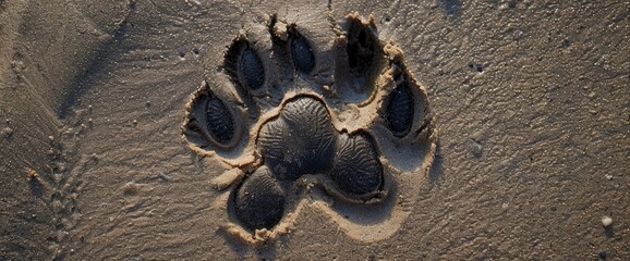 A top-down view of an animal paw print in the sand, with intricate details and textures visible on each claw and toe, symbolizing strength or danger