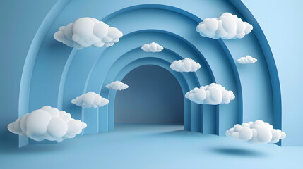 Abstract 3d rendered blue background with a tunnel and clouds