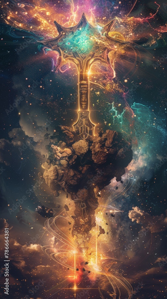 Wall mural a fantasy art illustration of a mystical sword embedded in a stone amidst swirling cosmic energy, dr