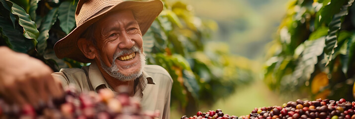This farmer shows his freshly harvested Arábica coffee beans with a smile. - obrazy, fototapety, plakaty