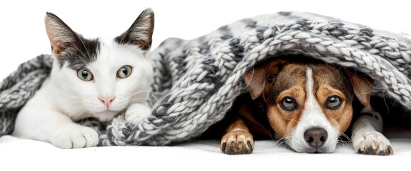 Cute cat and dog under blanket isolated on white background ,ultra realistic photo, professional photography, fulllength shot, studio light