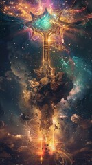 A fantasy art illustration of a mystical sword embedded in a stone amidst swirling cosmic energy, dramatic clouds, and electrifying lightning. A scene of power and magic.