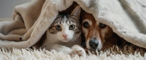 Cute cat and dog lying under a blanket on a white carpet in a portrait photography style. A cute jack russel terrier with a grey coat sitting next to an adorable brown ragdoll cat