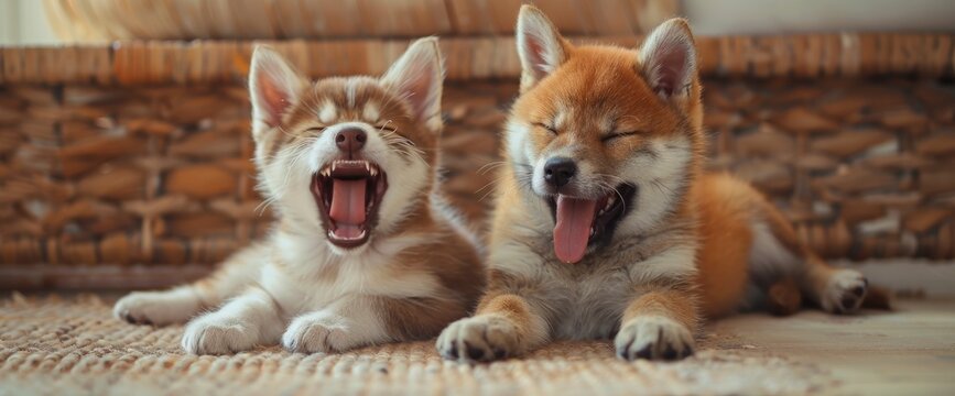 Cute cat and cute Shiba Inu puppy, both smiling with open mouths, playing on the floor in the style of a photo. The style is super realistic with high resolution and professional quality