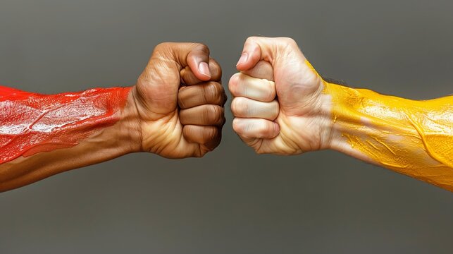 Two painted fists bumping together in a colorful gesture