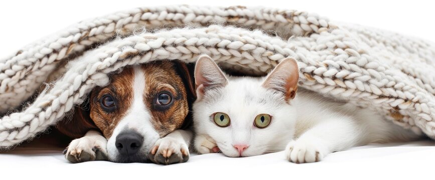 Cute cat and dog under blanket isolated on white background ,ultra realistic photo, professional photography, fulllength shot