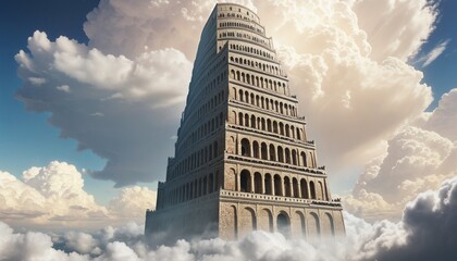 Tower of Babel reaching the clouds in bright colours 