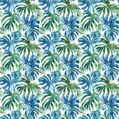Pattern leaf, trendy tropical spring design. Jungle palm, summer background, watercolor illustration.