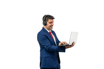 Businessman Working on Laptop with Headphones white background