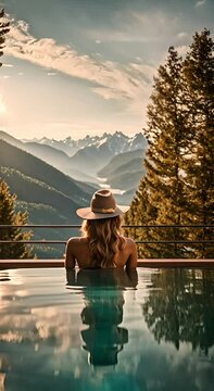 rear view of a woman with blond hair relaxing in an infinity pool in the alps. She enjoys a stunning view of a beautiful mountain landscape. Relaxing vertical video.