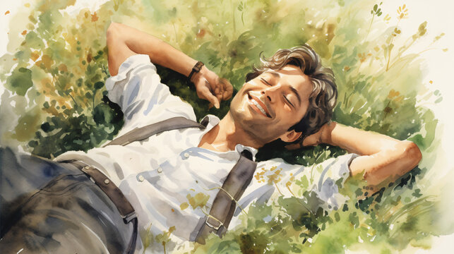 watercolor illustration of a relaxing scene with a young man lying happily in a field of wildflowers 
