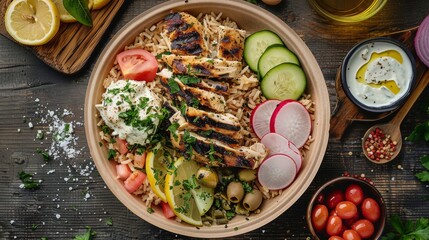 Fototapeta na wymiar Fast food, brown rice pilaf, souvlaki with grilled chicken, tzatziki, cucumbers, tomatoes, pickled red onion, olives, radishes, Feta cheese, with hot tahini sauce.