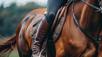 Zelfklevend Fotobehang A high boot-clad rider's leg in a stirrup, mounted on a chestnut horse. Equestrian sport and the rider's equipment and attire. Horsemanship and importance of proper equestrian gear © Ruslan